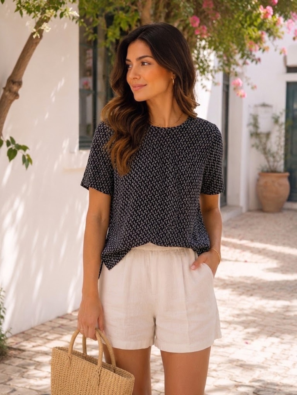 LOFT Black Short Sleeve Printed Crewneck Top